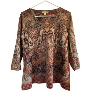 Energie Floral Abstract Artistic Blouse, embellishment at neckline, Large